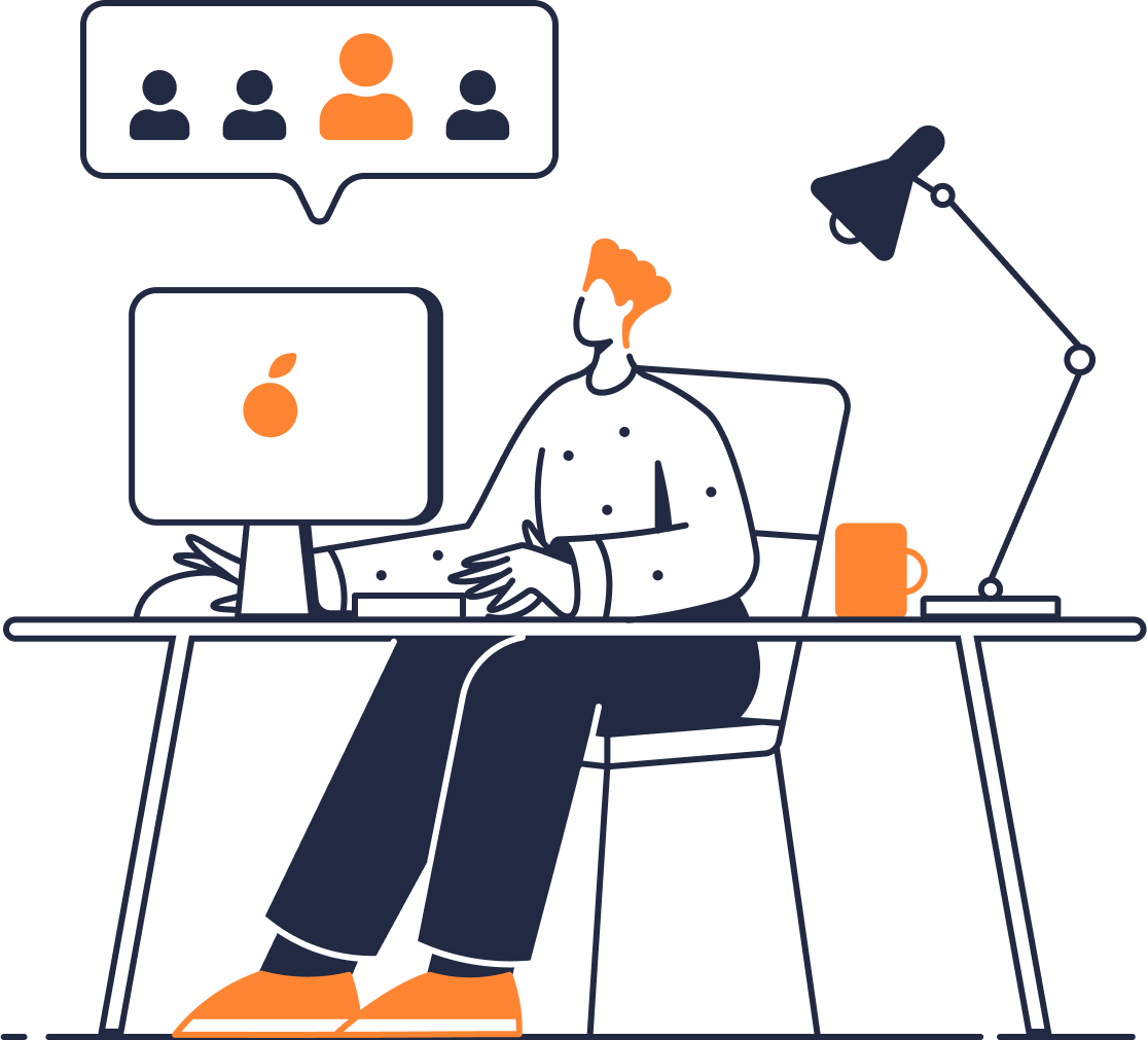 Ilustração de homem sentado à mesa usando computador com ícone de seleção de pessoas ao redor