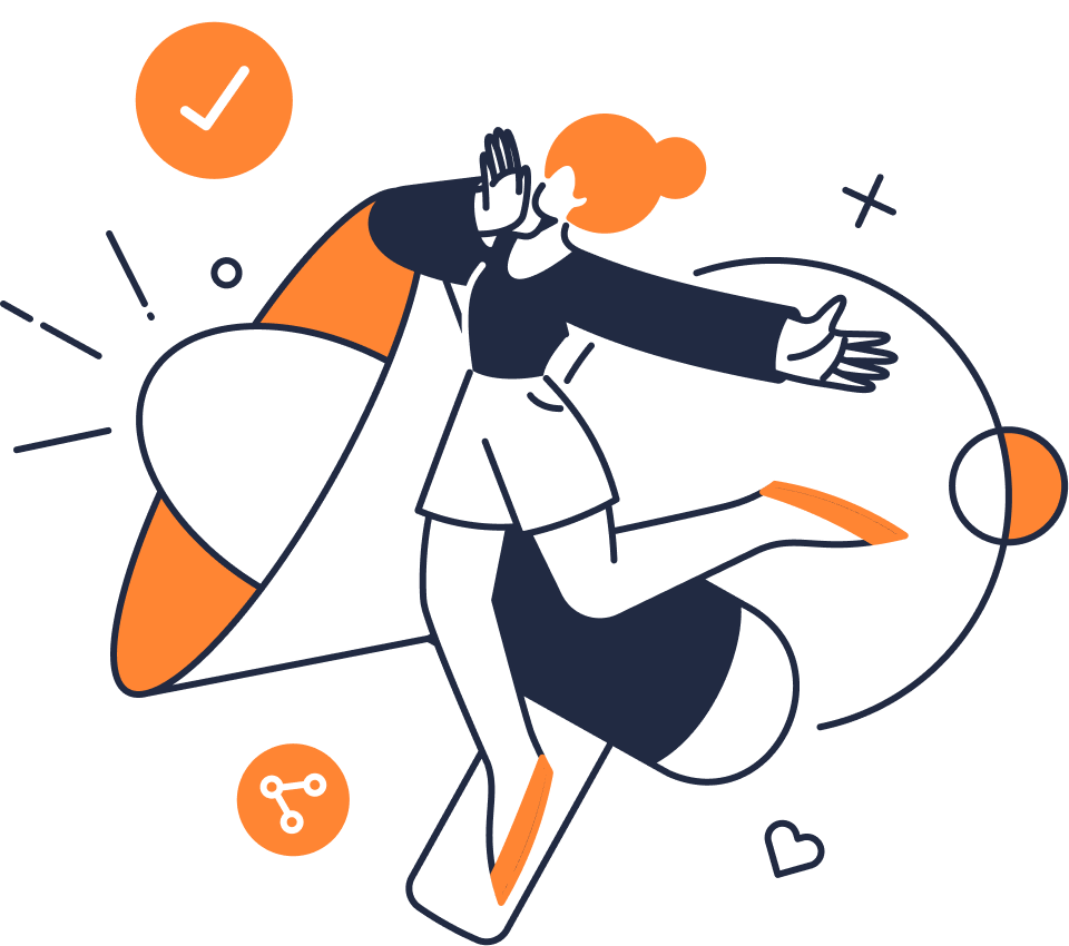 ilustração de mulher com megafone ao fundo fazendo chamada para ação