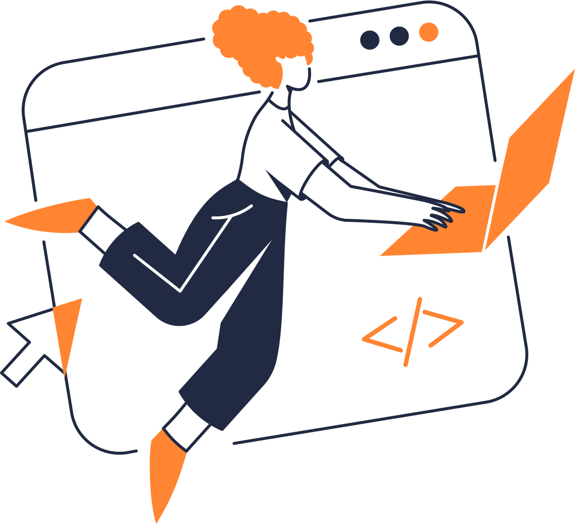ilustração de mulher usando notebook com ícones de navegação relacionados à Growdev estágio tech