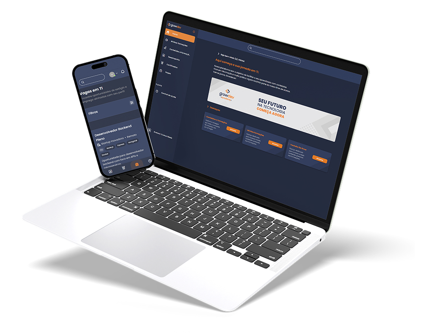 Notebook e smartphone com telas da plataforma Growdev estágio tech